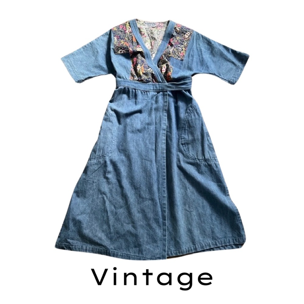 VINTAGE SAMUEL BLUE DENIM WRAP DRESS WITH FLORAL BODICE